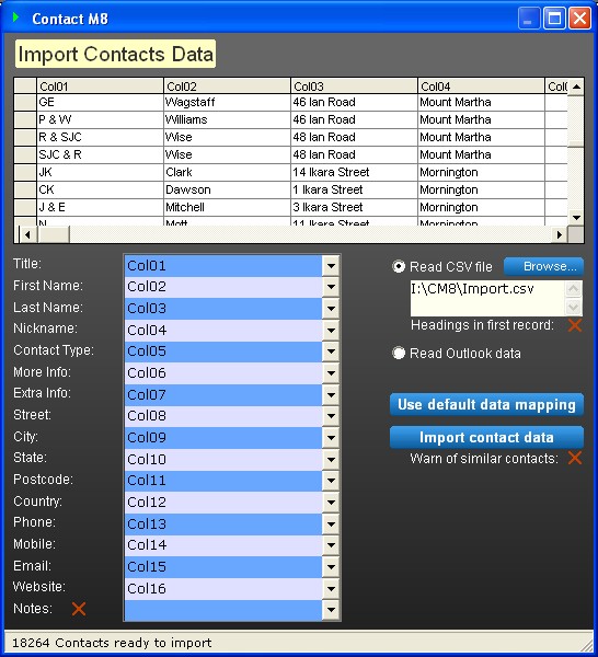 ContactM8 Import Screen